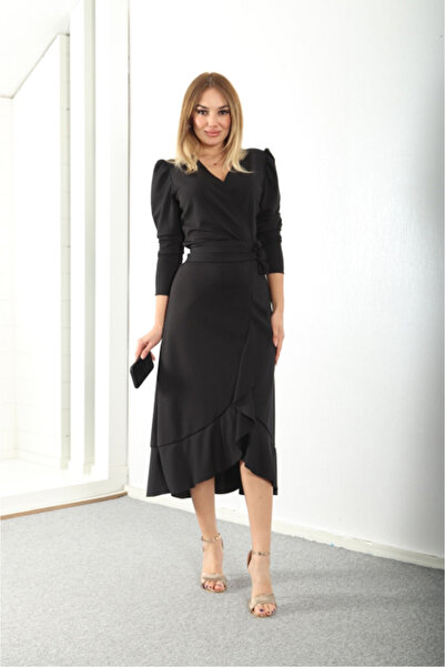 zks grup tekstil Women's Black Long Sleeve Flounced Belted Plus Size Dress