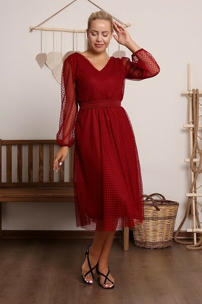 zks grup tekstil Claret Red Polka Dot V-Neck Tulle Plus Size Dress