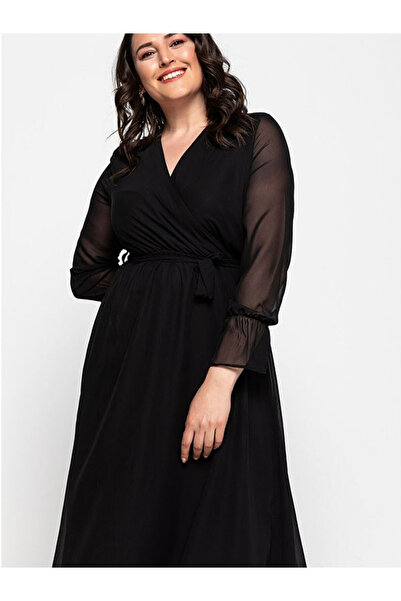 zks grup tekstil Μαύρο φόρεμα με μακρύ διπλό γιακά σιφόν συν μέγεθος