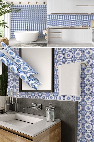 Dekoros Blue and White Tile Pattern Adhesive Foil, Mosaic Tile Look Sticker Furniture Cabinet Covering 0709