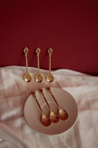 CHANCE GİFT Vintage 6-Piece Tea & Coffee Spoon Gold Jam Spoon Spice Spoon Luxury Pink Stone Presentation Spoon