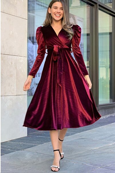 zks grup tekstil Φόρεμα Βουργουνδίας Καρπούζι με διπλό στήθος βελούδινο ζωσμένο σε μεγάλο μέγεθος