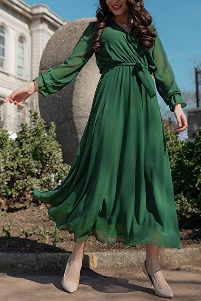 zks grup tekstil Φόρεμα σιφόν με διπλό γιακά Pine Green