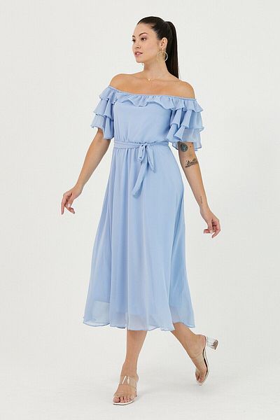 zks grup tekstil Φόρεμα σιφόν με γιακά Madonna Baby Blue Flouncing