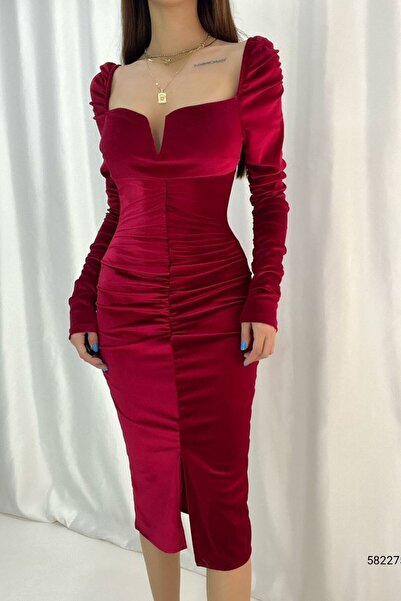 zks grup tekstil Γυναικείο ντραπέ κόκκινο βελούδινο μολύβι φόρεμα νέας σεζόν