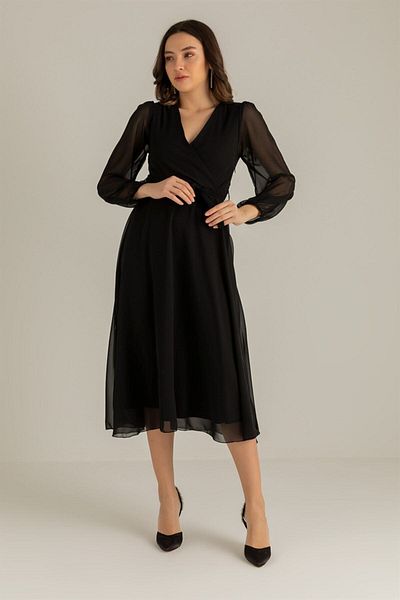 zks grup tekstil Black Balloon Sleeve Double Breasted Midi Chiffon Dress