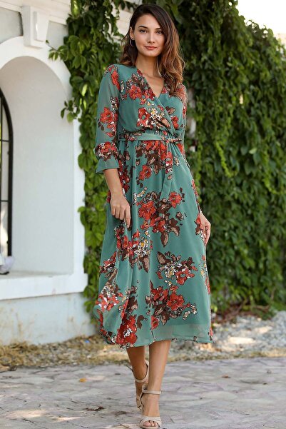 zks grup tekstil Πράσινο φλοράλ φόρεμα με διπλό γιακά με φόδρα σιφόν