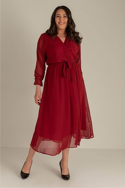 zks grup tekstil Φόρεμα σιφόν με φόδρα μπορντό Plus Size