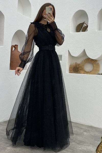 zks grup tekstil Women's Black Polka Dot Tulle Belted Collar Detail Evening Dress