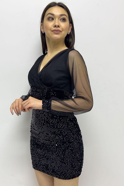 zks grup tekstil Women's Black Double Breasted Collar Tulle Sequin Design New Season Evening Dress