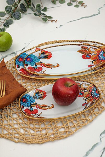 GÜRCÜGLASS Çiçek Desen Oval Kayık Tabak 3 Lü Sunumluk Çerezlik