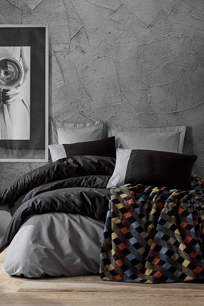 Cotton Box Plain Cotton Blanket Double Duvet Cover Set Black - Gray