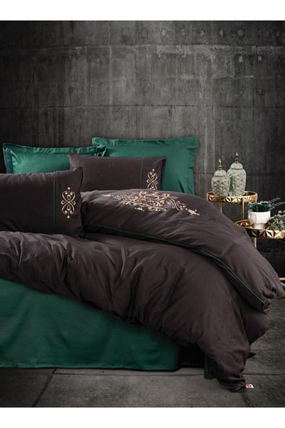 Cotton Box Embroidered Double Satin Duvet Cover Set Tiana Green