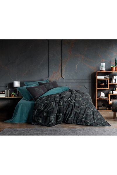 Cotton Box طقم غطاء لحاف مزدوج داكن Noche Petrol
