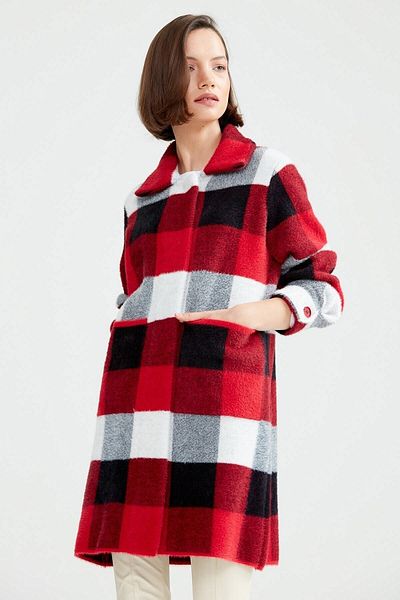 Tığ Triko Red Geometric Patterned Knitwear Coat