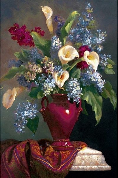 Marcel Kristal Tablo Colorful Flowers in Burgundy Vase Marcel Art Diamond Mosaic Painting 38X56Cm