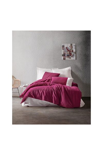 Cotton Box Plain Line Single Duvet Cover Set - Claret red-cream