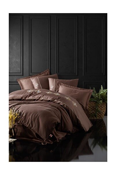 Cotton Box Brode King Kahve Saten Nevresim Takımı