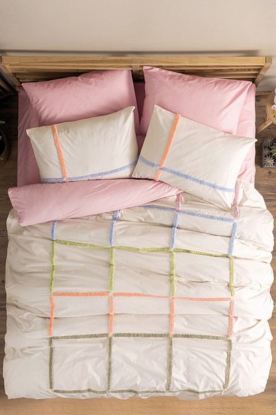 Cotton Box Puff Embroidered Double Duvet Cover Set Insula Pudra