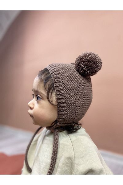DERY BABY Unisex Pompom Baby Knitted Bonnet Beanie-brown