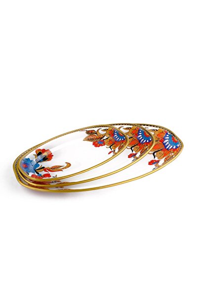 GÜRCÜGLASS Çiçek Desen Oval Kayık Tabak 3 Lü Sunumluk Çerezlik
