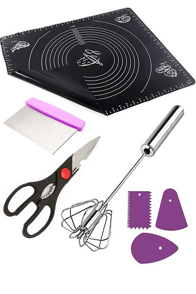 Sekiz8 Set of 5, Silicone Dough Rolling Mat & Spatula & Kitchen Scissors & Beater & 3-Piece Decorator