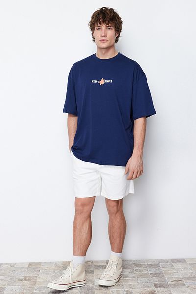 Trendyol Collection Oversize tričko s potiskem v námořnické modři – výstřih, krátký rukáv TMNSS22TS0123