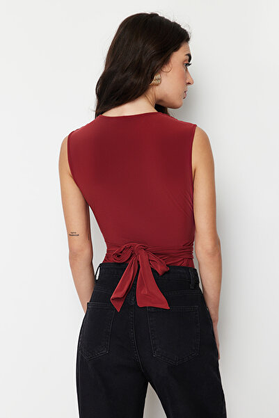 Trendyol Collection Tile Tie Detailed V-Neck Fitted/Flexible Snap Fastener Knitted Body TWOSS23BD00055