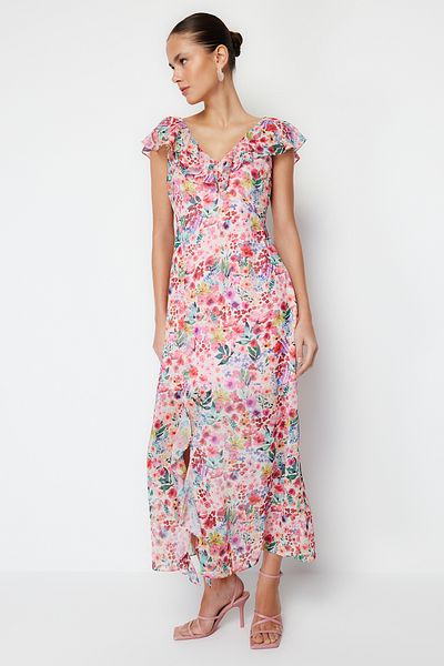 Trendyol Collection Ροζ λουλουδάτο βολάν σιφόν μάξι υφαντό φόρεμα TWOSS24EL00149
