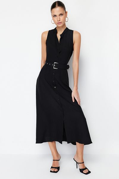 Trendyol Collection Schwarzes gewebtes Midi-Hemdkleid mit Gürtel TWOSS23EL01628