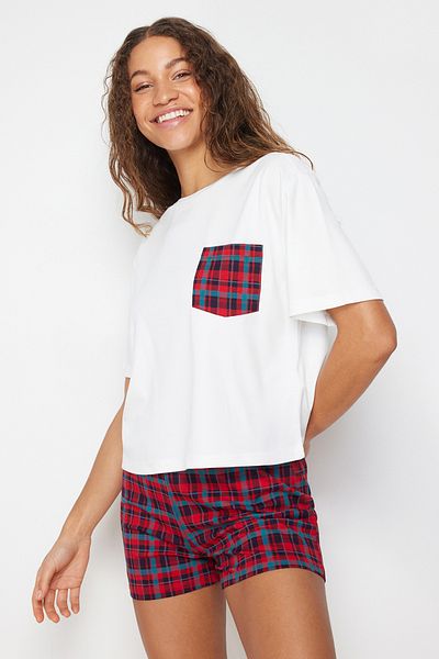 Trendyol Collection 100% pamut fehér kockás rövidnadrág pizsama szett - THMSS24PT00037