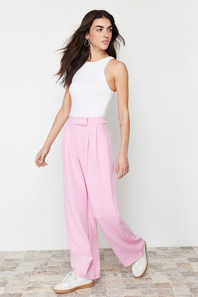 Trendyol Collection Strickhose mit weitem Bein und hoher Taille und Klettverschluss - Rosa TWOAW24PL00177