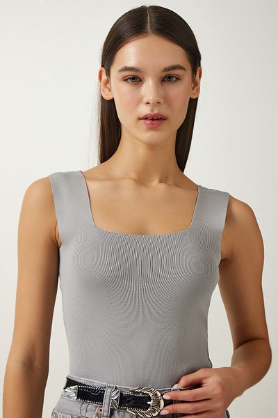 Happiness İstanbul Women's Gray Square Neck Knitwear Crop Blouse US00358