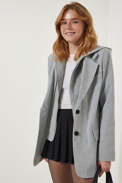 Happiness İstanbul Women's Light Gray Hood Detailed Woven Blazer Jacket FN03174