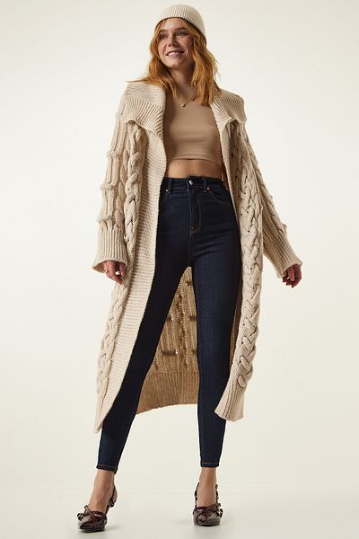 Happiness İstanbul Cremefarbene, lange Strickjacke mit weitem Kragen und Motiv für Damen, NS00398