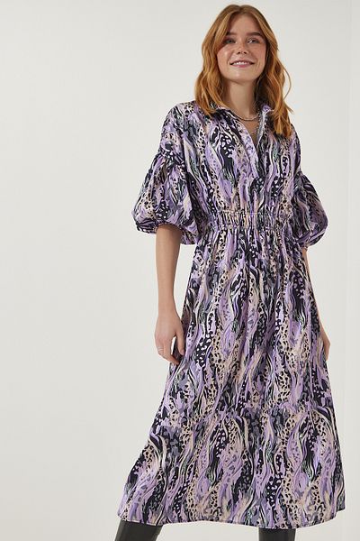 Happiness İstanbul Stilvolles Kleid mit lila gemusterter Satinoberfläche für Damen RG00002