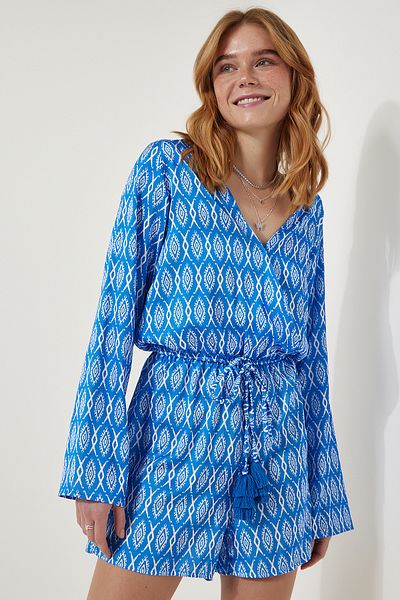 Happiness İstanbul Blau gemusterter Damen-Jumpsuit mit Satinoberfläche, stilvoll, RG00004