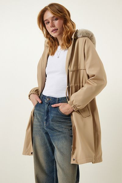 Happiness İstanbul Beiger Damen Pelzmantel mit Kapuze DD01292