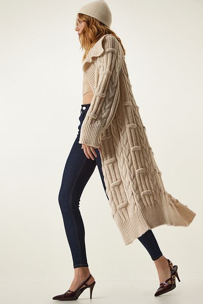 Happiness İstanbul Cremefarbene, lange Strickjacke mit weitem Kragen und Motiv für Damen, NS00398