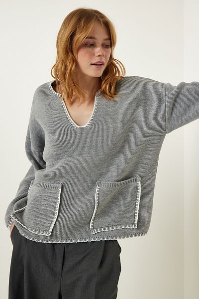 Happiness İstanbul Woman's Gray Stitch Detailed Pocket Knit Pullover PF00047