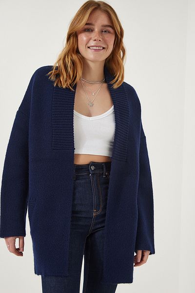 Happiness İstanbul Women's Navy Pocket Thick Textured Knit Cardigan PF00063