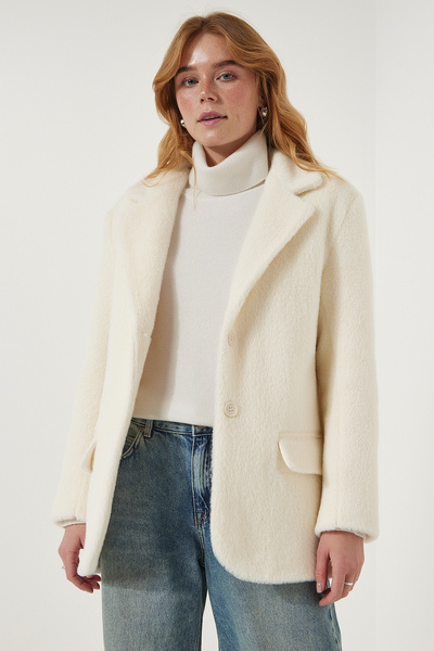 Happiness İstanbul Női krémszínű prémium gombos szakállas kabát FN03172