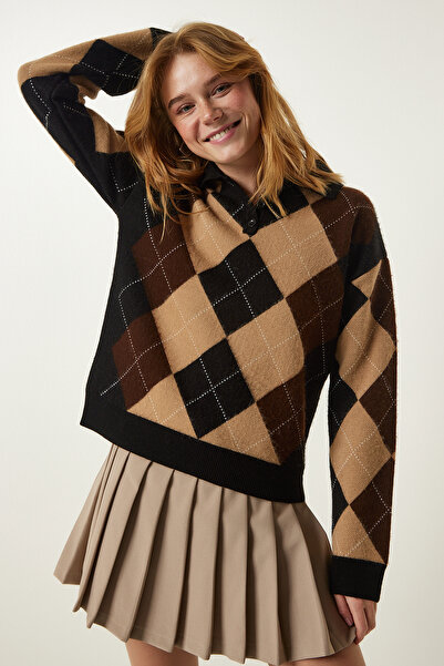 Happiness İstanbul Pulover din tricot cu modele baklava cu guler polo, biscuiți, negru FN03168