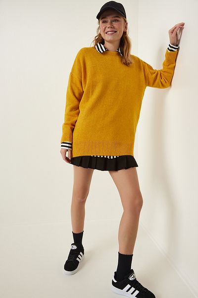 Happiness İstanbul Pulover oversize din tricot muștar pentru femei PN00054