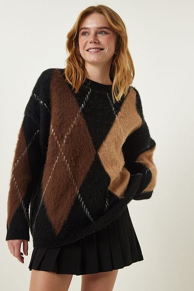Happiness İstanbul Pulover de damă, negru maro, tricot supradimensionat cu model MW00138