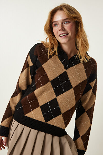 Happiness İstanbul Pulover din tricot cu modele baklava cu guler polo, biscuiți, negru FN03168