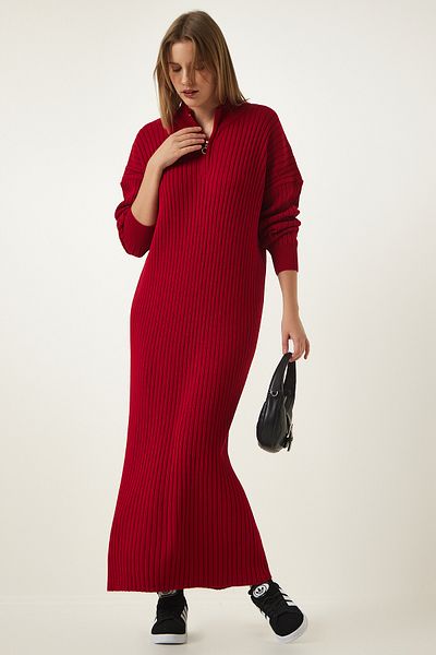 Happiness İstanbul Women's Red Zip Collar Ribbed Long Knit Dress DD01295