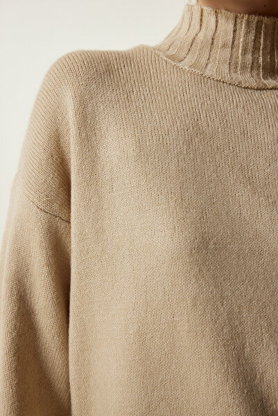 Happiness İstanbul Pulover de damă din tricot cu textura moale, bej, cu guler vertical KI00095