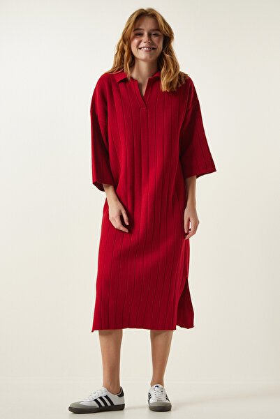 Happiness İstanbul Női piros pólógallérral rendelkező, túlméretezett kötöttáru ruha YY00178