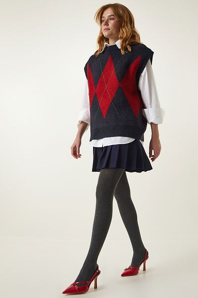 Happiness İstanbul Damen Strickpullover mit Rautenmuster in Marineblau und Rot FN03170